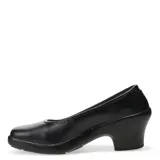 Zapato tipo scarpin de cuero negro, diseñado para uso ocupacional. Presenta una silueta clásica con punta cuadrada, taco bajo y suela de poliuretano antideslizante. Incluye forro interno de cuero y plantilla anatómica para mayor confort.