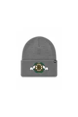 Gorro tejido tipo beanie color gris con puño, confeccionado en hilos de acrílico. Presenta un bordado frontal en relieve con el logo de los Boston Bruins rodeado por laureles.