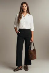Blusa blanca oversize de poliéster, con cuello camisero, mangas 3/4 abullonadas y cierre frontal con botones.