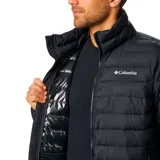 Campera de abrigo Columbia Powder Lite para hombre, color negro, con cierre frontal y logo de la marca en el pecho.