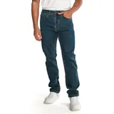 Pantalón de jean de corte slim, color azul oscuro, con cinco bolsillos y logo de CAT en la parte trasera.