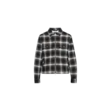 Campera Allsaints modelo Bayo Check, con diseño a cuadros en tonos negro y gris, cierre frontal con cremallera, bolsillos con solapa en el pecho y bolsillos laterales.