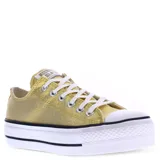 Championes Converse Chuck Taylor Lift con plataforma, color dorado con acabado brillante, cordones blancos y puntera de goma blanca.
