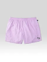 Short de baño lila con cintura elástica y logo estampado en la pierna.