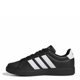 Championes urbanos Adidas modelo Streettalk, color negro con las icónicas tres tiras laterales en blanco. Presentan puntera reforzada tipo shell-toe, cierre por cordones y suela de goma resistente.