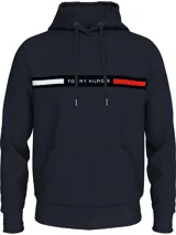 Buzo con capucha y cordón ajustable Tommy Hilfiger, color azul marino, con bolsillo tipo canguro y una franja horizontal en el pecho que incluye texto y los colores distintivos de la marca.