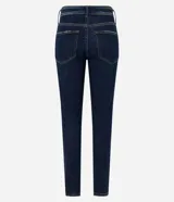 Pantalón de jean de corte slim, color azul oscuro, con trabillas en la cintura, cierre por botón y cremallera, bolsillos y aberturas en los bajos.