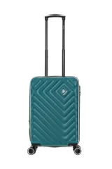 Valija rígida color verde con diseño de líneas en relieve, carro reforzado, cierre expansible, ruedas dobles spinner 360 desmontable, sujeción y compartimiento interno. Candado incorporado.