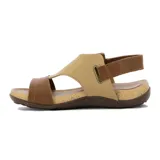 Sandalia casual de mujer con dos tiras y pulsera al tobillo con cierre ajustable. Presenta capellada de cuero negro, plantilla acolchada y suela tipo corcho con base marrón antideslizante.