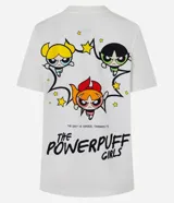Remera blanca de algodón con cuello redondo, mangas cortas y estampa frontal de Las Chicas Superpoderosas con elementos gráficos de la serie.