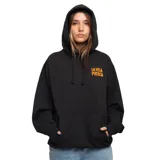 Canguro negro con capucha, bolsillo delantero y estampado naranja con el logo de La Vela Puerca. Confeccionado en algodón orgánico.