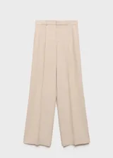 Pantalon de vestir de corte recto y tiro medio, con cierre frontal de cremallera y botón, trabillas para cinturón y detalle de pinzas.