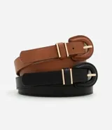 Kit de dos cinturones de poliuretano, uno marrón y otro negro, con hebilla forrada y pasadores metálicos dorados.