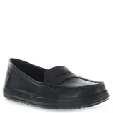 Mocasines de cuero negro con diseño clásico, costuras visibles en el empeine y suela de goma dentada.