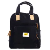 Mochila negra de tela con asas superiores de cuero sintético color beige y tiradores de cremallera de cuero sintético color marrón claro. Presenta un parche frontal amarillo con un logo y la frase "DON'T OVER THINK IT".