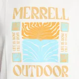 Remera de manga corta color crema con cuello redondo. Presenta un estampado gráfico frontal con la marca Merrell y motivos abstractos en tonos naranja y celeste.