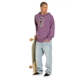 Canguro lila con capucha, cordones ajustables, bolsillo tipo canguro y puños y cintura acanalados. Estampado frontal con diseño de ojos y detalles gráficos.