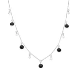 Collar de plata 925 con cadena de eslabones y dijes colgantes de espinela negra redondos y estrellas caladas.