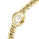 Reloj analógico Guess modelo Leena con caja redonda de acero inoxidable en tono dorado. La esfera blanca presenta un bisel interno decorado con cristales brillantes y marcadores de hora minimalistas. La correa es de acero inoxidable con un diseño de eslabones tipo brazalete.