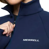 Buzo de cuello alto con cierre frontal parcial, manga larga y logo de la marca Merrell bordado en el pecho.