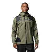 Campera impermeable Columbia modelo Whistler Peak Shell Outdry, de color verde militar con inserciones negras en hombros y codos. Cuenta con capucha ajustable, cierre frontal y bolsillos con cremalleras selladas, y tecnología OutDry Extreme.