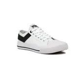 Championes urbanos Pony de lona color blanco con detalles en azul marino, de corte bajo y acordonados.