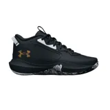 Championes de básquet Under Armour modelo Lockdown 6, color negro con detalles en blanco y logo dorado con efecto desgastado en el lateral. Presentan suela con patrón de tracción texturizado en blanco y negro.