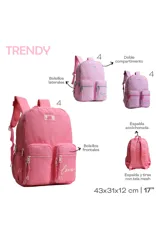 Mochila escolar color lila con detalles en rosa fucsia. Presenta dos bolsillos frontales con cierres y tiradores de cordón. En el bolsillo derecho tiene un estampado con texto en cursiva que dice "love yourself". Tiene un parche con el logo de la marca en la parte superior central.