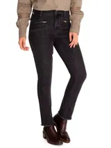 Pantalón skinny leg de tiro medio marca RKF, confeccionado en denim gris oscuro. Presenta bolsillos delanteros con cierres metálicos horizontales y ruedo deshilachado.