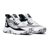 Championes de básquetbol Under Armour Curry 3Z 24, con diseño bicolor en blanco y negro. Presentan una parte superior de cuero resistente con inserciones de malla transpirable, refuerzo interno en el mediopié para mayor estabilidad y mediasuela UA Micro G para una respuesta óptima. La suela exterior de goma cuenta con un patrón de tracción anatómico y un diseño marmolado.