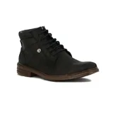 Bota acordonada de cuero color marrón oscuro, con suela marrón y cordones negros.