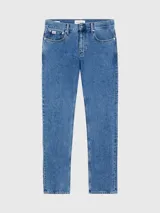 Jean de corte recto y talle medio-bajo, confeccionado en denim rígido de algodón. Presenta diseño clásico de cinco bolsillos, cierre con cremallera y lavado a la piedra en tono azul medio.