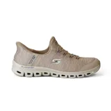 Championes Skechers Hands Free Slip-ins Glide-Step Peak color beige, de estilo casual y deportivo, con capellada de tejido jaspeado, cordones elásticos fijos, plantilla Skechers Air-Cooled Memory Foam y entresuela Glide-Step.