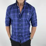 Camisa de hombre a cuadros grandes en azul y celeste, de algodón 100% y cuello italiano.
