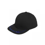 Gorra Adidas negra con logo bordado en el frente y ribete azul eléctrico en la visera.