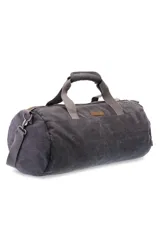 Bolso grande de lona tipo canvas, color gris oscuro, con correas de mano y hombro contrastantes y detalles en cuero sintético.