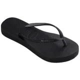 Ojotas Havaianas modelo Slim Sparkle color negro, con tiras finas decoradas con glitter y logo de la marca en relieve.