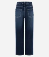 Pantalón de jean azul clásico de corte recto, con tiro alto, presillas para cinto y bolsillos funcionales.