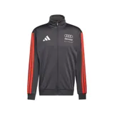 Campera deportiva Adidas de cuello alto y cierre frontal completo, modelo Audi Revolut F1 Team en color gris oscuro con las icónicas tres tiras rojas en las mangas. Cuenta con el logo de Adidas y el emblema del equipo de Fórmula 1 estampados en el pecho.