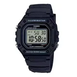 Reloj digital Casio, modelo W218H-1AVDF, con caja cuadrada de resina negra de 44mm y malla de resina negra. Esfera digital gris con luz LED, cronómetro, alarma, calendario y resistencia al agua 50m.