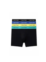 Pack de cuatro boxer briefs de microfibra, color negro, con cintura elástica de colores variados (negro, azul, amarillo y turquesa) con el logo de la marca repetido.