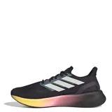 Championes Adidas Pureboost 5 de running, color negro con suela degradada en tonos rosa y amarillo. Presentan las tres tiras plateadas características de la marca en el lateral.