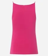 Blusa femenina sin mangas, confeccionada en tejido de algodón con elastano. Presenta un diseño ajustado al cuerpo con escote halter y tirantes finos elásticos.