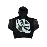 Hoodie negro de corte boxy fit, con capucha y mangas largas decoradas con pedrería brillante. Cuenta con un gran estampado frontal que muestra un querubín con los ojos vendados tensando un arco, acompañado de la palabra 'EMOTION' en tipografía gótica.