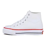 Zapatillas Pony Fifth Ave de caña alta color blanco, con plataforma, detalles en rojo y negro en la suela y logo de la marca en el lateral.