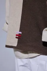 Chaleco de tejido de punto con diseño de bloques de color en tonos tierra, incluyendo marrón, verde oliva y beige. Presenta un panel central con textura tejida y cuello redondo.