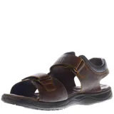 Sandalias de cuero marrón con diseño ergonómico, ajuste mediante tiras con velcro y suela de goma antideslizante.