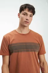 Remera color ladrillo con cuello redondo y manga corta. Presenta un bloque horizontal en el pecho con rayas horizontales en tonos marrón y gris.