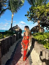 Vestido midi de microtul rojo con estampado de rosas y hojas verdes, escote en V con encaje negro y breteles finos regulables en la espalda.