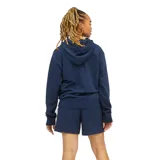 Canguro azul marino de felpa francesa con capucha con cordón ajustable, bolsillo tipo canguro y logo de New Balance bordado en rojo en el pecho y en el short.